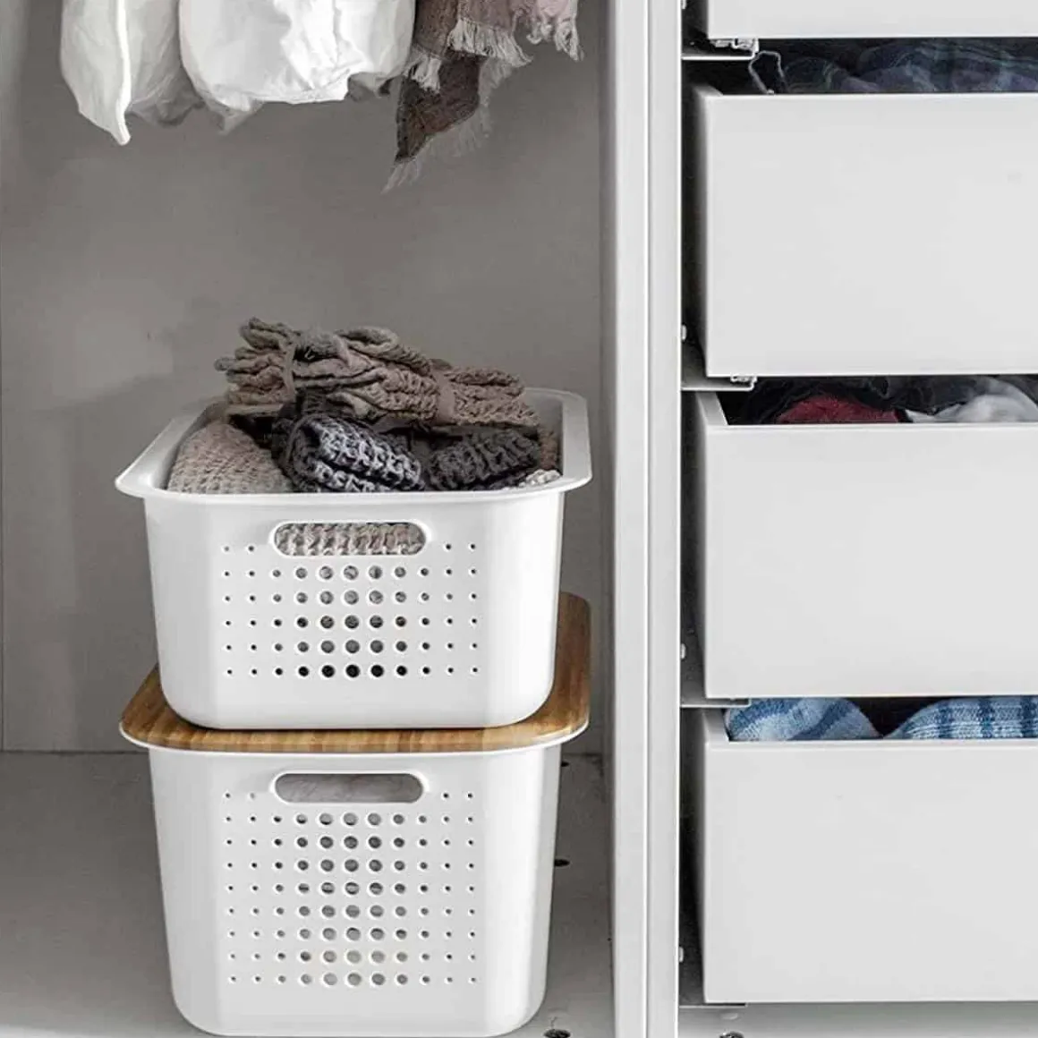 Panier de rangement en plastique recyclé avec couvercle en bambou 13 litres