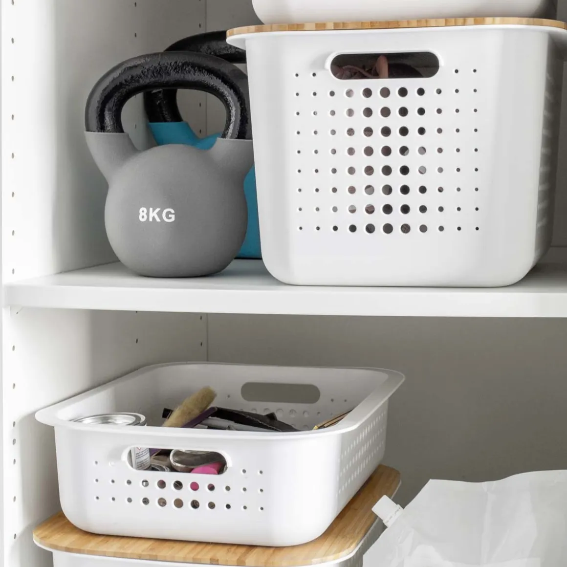 Panier de rangement en plastique recyclé avec couvercle en bambou 13 litres